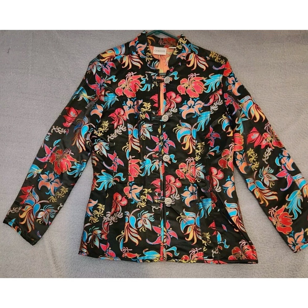 Chicos Asian Embroidered Jacket Women's Sz 0 US S Silk Blend Long Sleeve Floral
